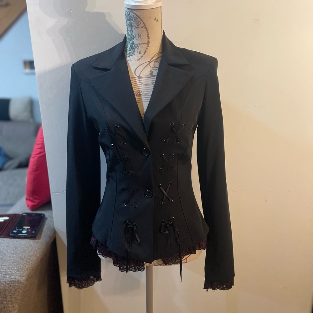 Rinascimento Black Lace-Up Corset Blazer with Lace Trim